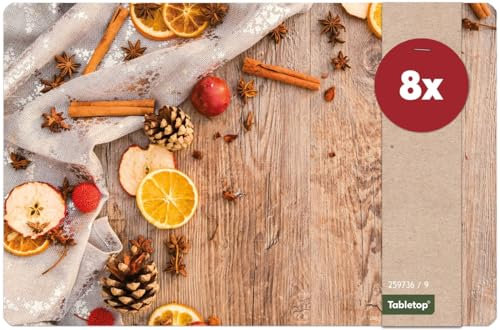 Weihnachts Tischsets 8er als abwaschbare Weihnachten Tischdeko - Platzsets Weihnachtsdeko Orangen als Winter Tischuntersetzer - Platzdeckchen als Tischunterlage für Esstisch Wohnzimmer Tisch