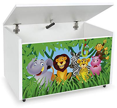 leomark Contenitore portagiochi in legno, panca su ruote - ZOO - scatola con coperchio, mobili per camera da letto, cassapanca per bambini, bianco 91L, dimensioni: 71 cm x 40 cm x 46 cm (Altezza)