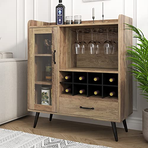 SogesHome Armario Buffet para Vino con Puerta de Cristal y cajón, 3 estantes con 8 Cubos, aparador de Almacenamiento con botellero para Entrada, salón, Cocina