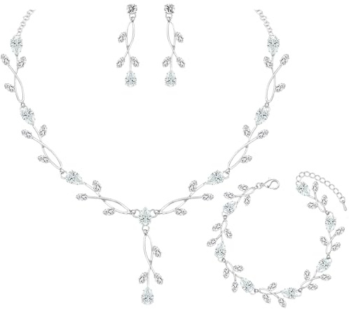CSY Elegant Silver Bridal Jewelry Sets Clear Cubic Zirconia Wedding Necklace Earrings Bracelet Set for Birdes Bridesmaids CZ Prom Jewelry