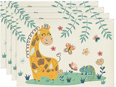 Artoid Mode Giraffe Schmetterling Dschungel Kinder Platzsets 4er Set, 30x45cm Tischset Waschbar Platzdeckchen Küche Party Deko