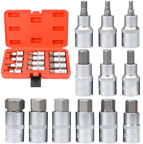 Sukudon Allen Key Socket Set,12-Piece Hex Bit Socket Set, Screwdriver Bits Set 5-22 mm,1/2 S2 Alloy Tool Steel Hex Socket Set