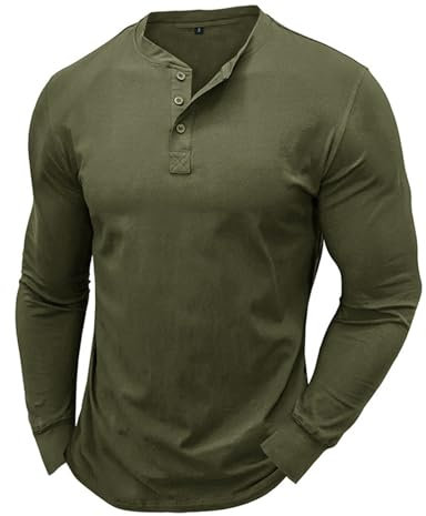 Herren Henley Shirt Longsleeve Langarmshirt Männer DREI Taste Knopfleiste Baumwolle Beiläufig Hemden Heavyweight T-Shirt mit Grandad-Ausschnitt