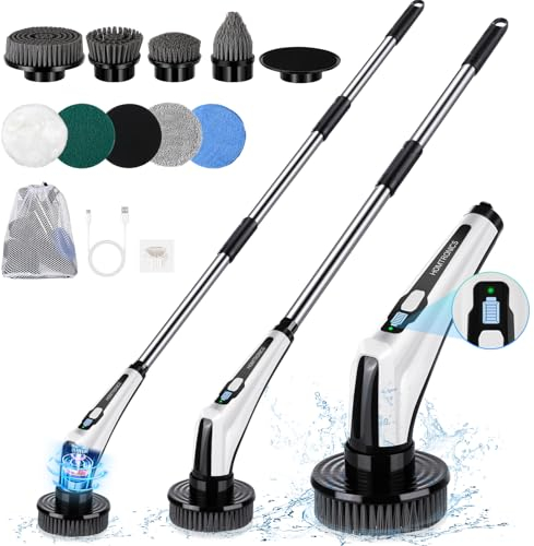 Elektrische Reinigungsbürste, Homtronics reinigungsbürste elektrisch mit Intelligente Digitale Anzeige, 10 Austauschbare Bürstenköpfe, Kabelloser Schrubber mit verstellbarem Griff für Bad, Küche, Auto