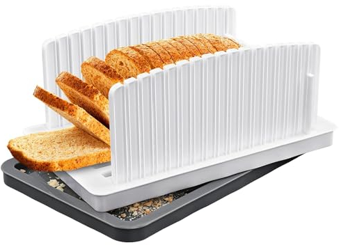 TOLASTO Trancheuse à pain pour pain fait maison, guide de trancheuse à pain avec largeur réglable et plateau miettes, pliable et compact en plastique pour la cuisine, le pain, les gâteaux, le taost