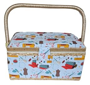 Costurero de 2 Pisos con alfiletero y Bandeja separadora con Motivos de Costura 24x7.5x13 cm