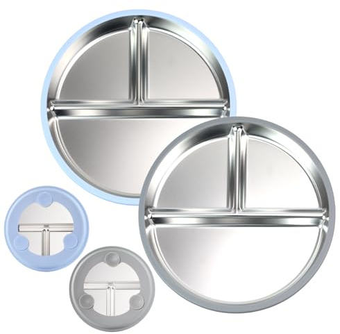 Cosmeria Babyteller with Suction Cup, Stainless Steel Toddler Plate with 2 Non-Slip Suction Cups, Unbreakable Baby Dinner Set, BPA-Free and Dishwasher Safe