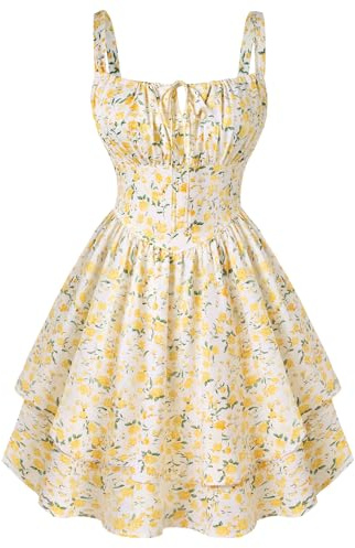 SCARLET DARKNESS Abito estivo da donna, con spalline sottili, stile vittoriano, a strati, per la spiaggia, Bianco Giallo Floreale, XXL
