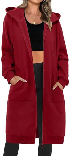 RITOSTA Lungo Felpa Donna con Zip Cappuccio Felpe Donna Pile con Tasche Giacca Termica Cappotto Elegante Giubbotto Autunno Invernale Hoodie Sweatshirt Cardigan con Cerniera(Rosso,L)
