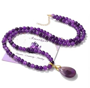Pendlixy Healing Crystal Amethyst Beaded Necklaces for Women Trendy Natural Amethyst Stone Beaded Long Pendant Necklaces for Womens Handmade Bohemian Fashion Necklace Jewelry Gift