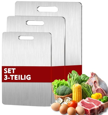 Juego de 3 Tablas de Cortar de Titanio y Acero Inoxidable, Reversibles y Antibacterianas, Perfectas para Cortar Carne, Frutas, Verduras, Duraderas, Fáciles de Limpiar y Resistentes para la Cocina