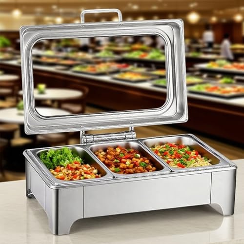 ZHIGUANYUN Chafing Dish Electrico, 9L Calentador de Comida Electrico para Buffet Acero Inoxidable, Temperatura Regulable30-80℃, Chafing Dish Buffet Temperatura Regulable 9liters3grids
