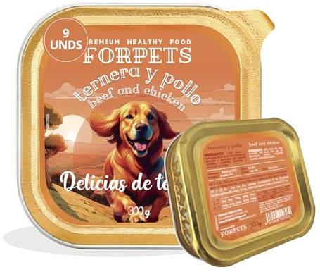 Comida húmeda para Perros Delicias de Ternera Pack 9x300g, Paté Natural con Carne de Ternera y Pollo, Alimento Completo para Todas Las Razas, Comida Húmeda Perros Premium, Alta Palatabilidad Dog Food