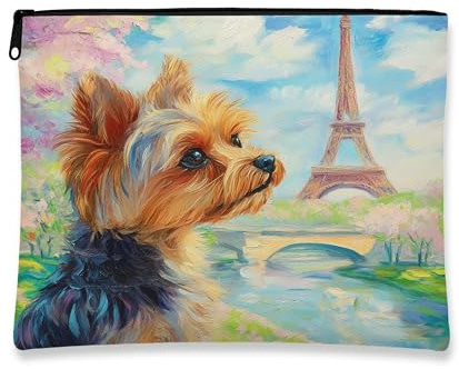 Beauty case con cane Torre di Parigi, borsa da viaggio per cosmetici con ritratto di animali, borsa da viaggio portatile in tela con cerniera, borsa da toilette primaverile per la cura della pelle