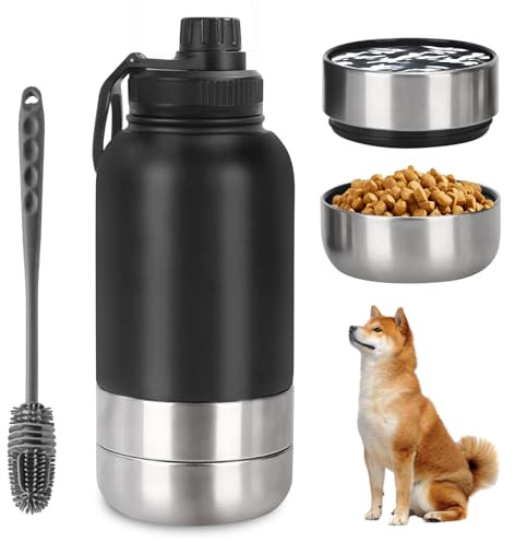 Termosflaska med hundar på resande fot 950 ml hunddrickflaska för resor, vattenflaska hund, isolerad drickflaska i rostfritt stål hund med vattenskål och matskål, hundtillbehör för promenader, BPA-fri
