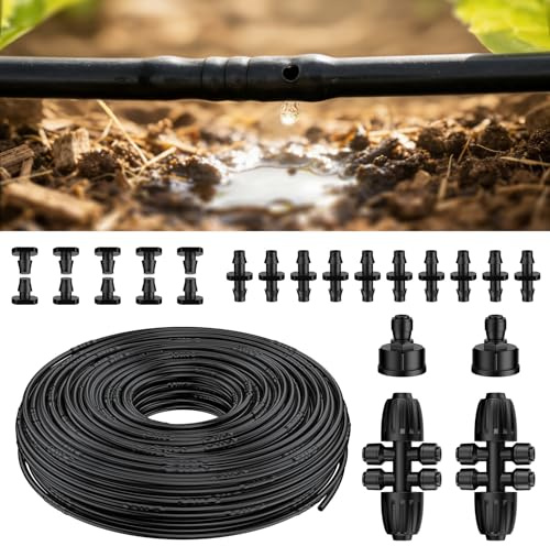 Pawfly Manguera de riego por goteo de 6,35 mm (rollo de 61 m), tubo de goteo con 15 cm de distancia, manguera de riego de polietileno con 24 piezas, manguera de distribución negra para sistemas de