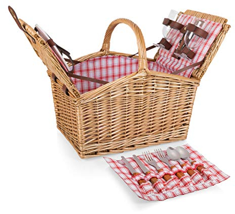 PICNIC TIME Piccadilly Picnic Basket for 2, Romantic Vintage English-Style Wooden Basket, Complete Deluxe Service for Two with Fully-lined Interior and Double-lid Design, (Red & White Plaid Pattern)
