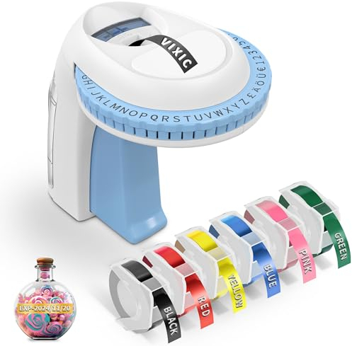Vixic Beschriftungsgerät, 3D Prägegerät Omegs, Tragbarer Etikettiergerät, Blau Etikettenprägegerät mit 6 Etikettenband,Etikettendrucker mit (£ € Ä Ö Ü), Einfach zu verwenden-für Haus, Büro