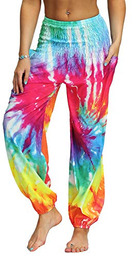 Nuofengkudu Women's Hippie Baggy Harem Trousers Smocked High Waist Soft Bohemian Print Colourful Yoga Pants with Pockets Lightweight Flowy Travel Holiday Beachwear Rainbow B,One Size
