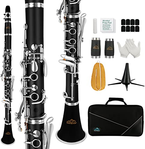 B Flat Clarinet for Beginners, Student Bb Clarinet 17 Nickel-plated Keys,Clarinet ABS with 2 Barrels Hard Case Stand 8 Mouthpiece Cushion Clarinet Cleaning Kit (Black)