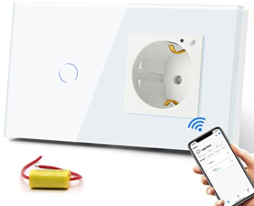 BSEED Wifi Smart Lichtschalter mit Steckdose,Funktioniert mit Amazon Alexa and Google Home,1 Fach 1 Weg Glas Intelligente Wandschalter mit Smart Steckdose 157mm Weiß(kein Neutralleiter benötigt)