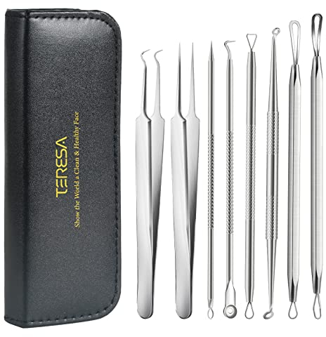 TerresaCOS Pickelentferner und Mitesserentferner, 8-teiliges Mitesser Entfernen Komedonenquetscher Pickel Ausdrücken Werkzeug, Edelstahl Gesichtsreinigung Set gegen Milien, Akne, Haare, Silber