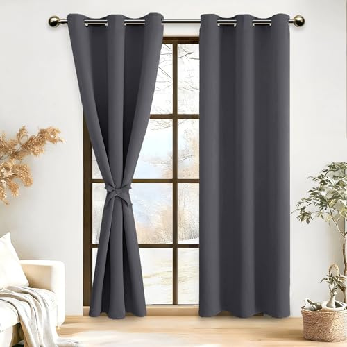 DWCN Gardin ogenomskinlig med gardin, gardinomsläpp, mörkläggningsgardiner med öljetter, 2 stycken termogardiner, mörkläggningsgardin, termisk gardin, mörkgrå, 228 x 117 cm (H x B):