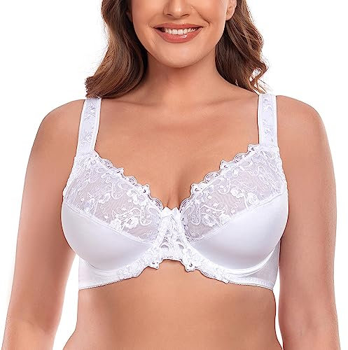 Ayigedu Women's Full Coverage Minimiser Bra Floral Lace Non Padded Plus Size Underwired Bra 42F White