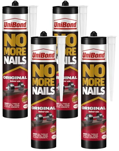 UniBond No More Nails Original, Heavy-Duty Mounting Adhesive, Strong Glue for Wood, Ceramic, Metal & More, White Instant Grab Adhesive, 1 x 365g Cartridge (Pack of 4)