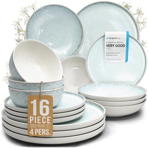16 Piece Stoneware Dinnerware Set for 4, Handcrafted Plates and Bowls Set