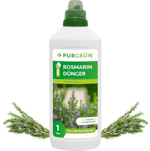 Purgrün® Bio-Rosmarin-Dünger 1 Liter – Organische Rezeptur – Premium-Flüssigdünger – NPK 4+1+7 – Mit Algenextrakt & Vinasse – Extra Kalium für ein intensives Aroma – Ohne tierische Inhaltsstoffe