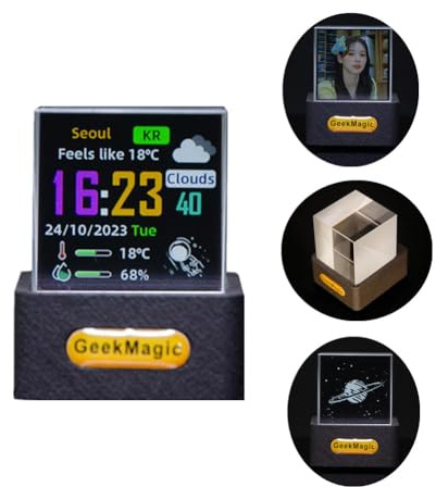 GeekMagic - Mini cubo holográfico 3D, pantalla de fotos 3D de cristal holográfico WiFi, estación meteorológica inteligente y reloj digital con animaciones GIF, marco de fotos electrónico, regalo
