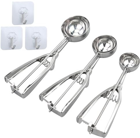 Lot de 3 cuillères à glace en acier inoxydable - 3 cuillères à glace de différentes tailles pour glace, pâte à gâteau, melon, boulettes de viande, biscuits, fruits