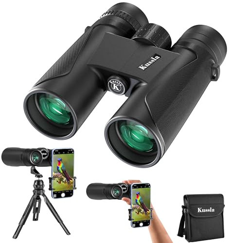 Kussla 12x42 HD Fernglas Erwachsene und Kinder, Fernglas mit Nachtsicht Wasserdicht Ferngläser Klein mit Stativ Smartphone-Adapter, Binoculars Kompakt für Vogelbeobachtung, Jagd, Wandern