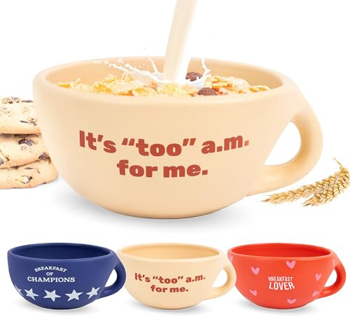 Fisura – Original Breakfast Bowl “It’s Too a.m”. Beige 490 ml Cereal Mug. Large Coffee Cup. Ceramic Coffee and Muesli Bowl- 16.5 cm x 7.5 cm