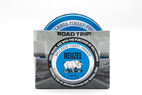 Reuzel 2025 Road Trip, pomata blu con forte tenuta, solubile in acqua per un look lucido con profumo di vaniglia, 95 g + dimensioni da viaggio gratis 35 g