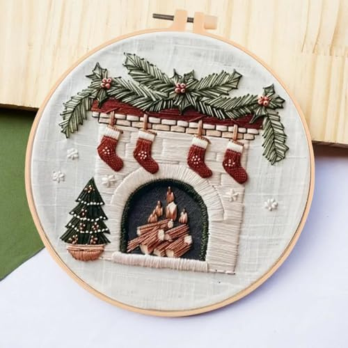 Huacan Le kit de broderie pour débutants et adultes comprend des motifs estampillés, un cerceau, des fils de couleur, des outils, des instructions faciles à suivre le jour de Noël (A)