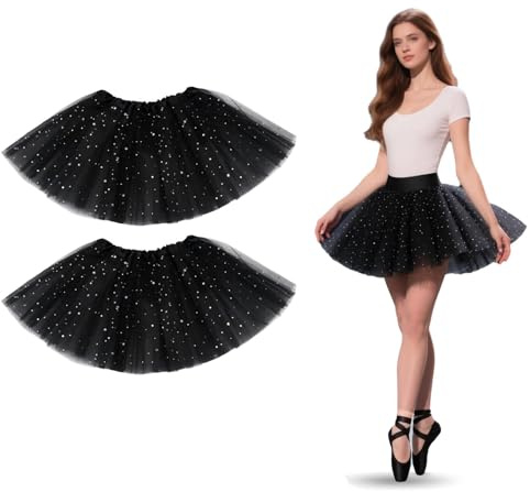 HUSHRICH 2Pcs Glitter Women's Tulle Skirt Teen Adult Elastic 3 Layered Tulle Tutu Skirt for Dress-up Ballet Dancing Skirts Halloween 80's Costume for Women and Teens Black