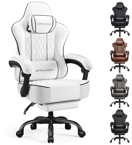 GTPLAYER Big and Tall Gaming Chair with Footrest, Ergonomic Office Desk Chair with 4.4in Thick Cushion and Wide Wingless Seat, Comfortable Leather Computer Chair, Predator Series, White