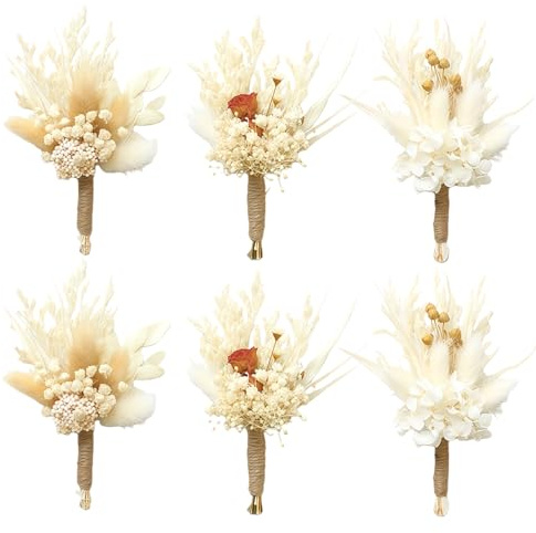LUMOOM 6 mini bouquet di fiori secchi, decorazione di fiori secchi, piccolo mazzo fatto a mano, per decorazioni per la casa, fotografia, matrimoni, feste, decorazione (bianco)