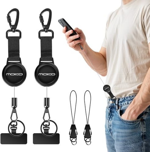 MoKo 2 Pack Anti-Diebstahl Handy Lanyard, Retraktierbares Telefonband mit Stahlseil, Karabiner und 360° Metallhalter, für Outdoor Wandern Klettern Angeln, Schwarz