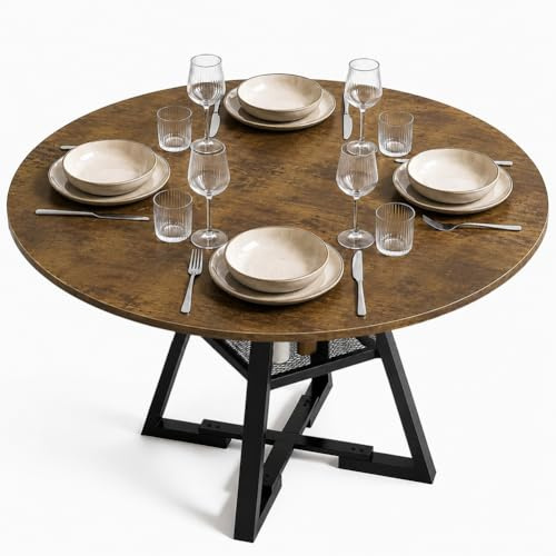 Shally Dogan Tavolo Rotondo per Sala da Pranzo e Cucina Diametro 120cm, Gambe in Metallo con Ripiano Portaoggetti Inferiore e Piano in Legno, Ideale per Casa e Ufficio (Industrial)