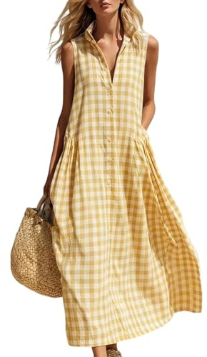 Vestido Mujer Verano Sin Mangas Estampado De Cuadros Ropa De Mujer Verano Vestidos Largo Anchos Fluido Elegante Dresses Playa Vacaciones Descanso