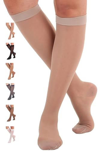 ABSOLUTE SUPPORT Sheer Compression Socks for Women 15-20 mmHg - Support Hose Knee High Stockings, Nude, Large