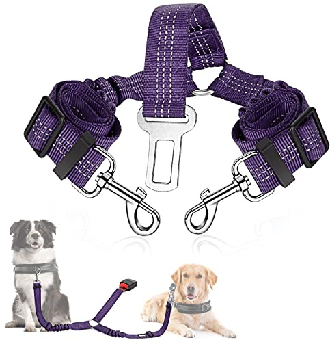 SlowTon Cinturón de Seguridad Coche Perro, 2 Perros sin enredo Cinturón de Seguridad elástico Duradero para el Coche, Ajustable Reflectante Seguro Doble Perro Coche arnés Divisor para Viajar