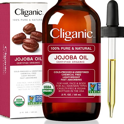 Cliganic Aceite de Jojoba Bio, 100% Puro Ecologico (60ml) prensado en frio, natural vegano, sin hexano | para cabello, cara, cuticulas, pelo, masajes | certificado orgánico vegetal | 90 días garantía