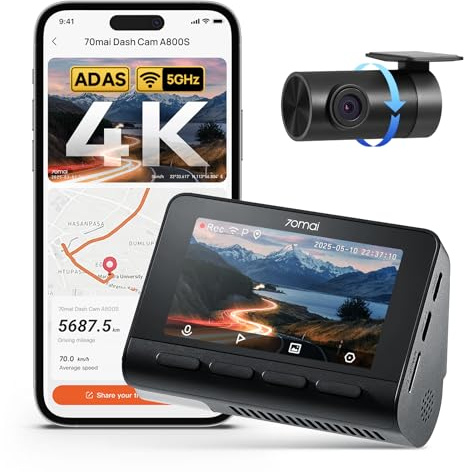 70mai 4K Dash Cam Front and Rear with STARVIS, Dashcam with 5GHz WiFi, GPS Car Camera, Super Night Vision, ADAS, 3'' IPS Screen, 24H Parking Mode, Time-Lapse, Loop Recording, Support 256GB Max (A800S)