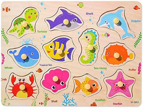 Wooden Puzzles for 3 Year Old Montessori Preschool Toys for baby & Toddlers, Early Education Games-Wooden Toy 3+ Gift for Boy or Girl. (Marine animals)