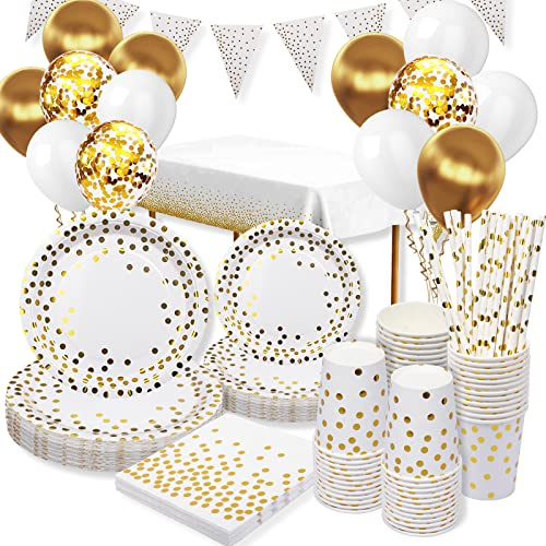 Platos Vajilla para Fiestas Cumpleaños, 25 Invitados Vajilla con Globos, Platos y Vasos de Papel, Servilletas, Paja, para Fiestas, Boda, Aniversarios, Halloween, Navidad, 140 piezas, Blanco y Oro