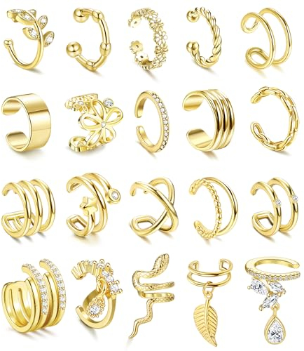 CASSIECA 20 Pcs Ear Cuff Set für Damen 14K Gold Ohrmanschette Ohrringe Fake Ohrringe Earcuffs Clip Ohrringe Non Piercing Helix Knorpel Wrap Cuff Ohrringe Ohrklemme